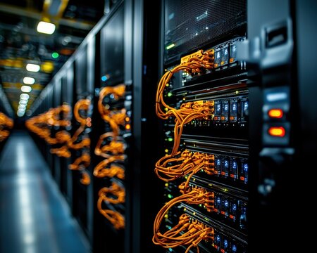 Data center with server racks and cables