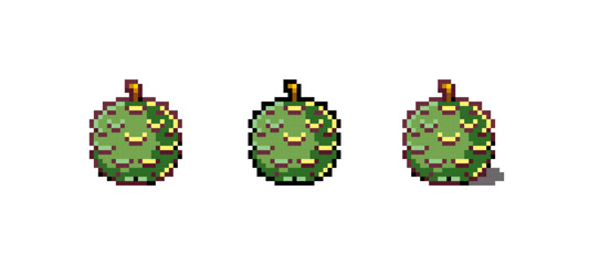 Pixel Art Durian Icon Vector Illustration. Exotic Stinky Fruit Graphic Isolated Sticker. Retro 8 Bit Durian for Video Game, Mobile, Web. Food Digital Element. Digital Art Asset