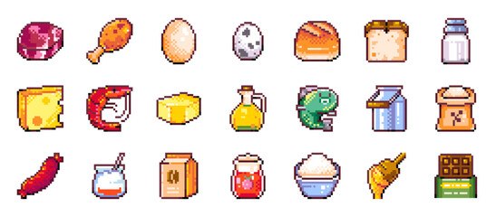 Pixel Art Food For Video Game Assets and Stickers - Meat, Chicken, Egg, Bread, Milk, Cheese, Butter, Oil, Fish, Flour, Sausage, Yogurt, Coffee, Rice. Isolated 8 Bit Grocery Market and Bakery Products.