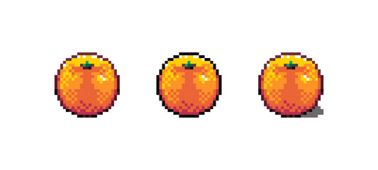 Pixel Art Orange Icon Vector Illustration. Orange Fruit Graphic Isolated Sticker. Retro 8 Bit Orange for Video Game, Mobile, Web. Food Digital Element. Digital Art Asset