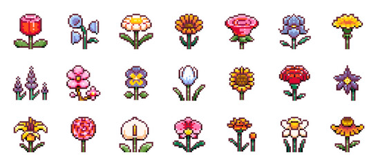 Pixel Art Flower Collection: Sunflower, Rose, Tulip, Lily, Orchid, Lavender, Iris, Sakura, Daisy, Daffodil. Red, White, Blue, Purple 8 bit Graphic Plant Elements for Spring, Summer Floral Designs. 