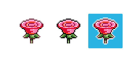 Pixel Art Rose Icon Vector Illustration. Pink Flower Graphic Isolated Sticker. Retro 8 Bit Rose for Video Game, Mobile, Web. Spring Nature Floral Element. Digital Art Asset