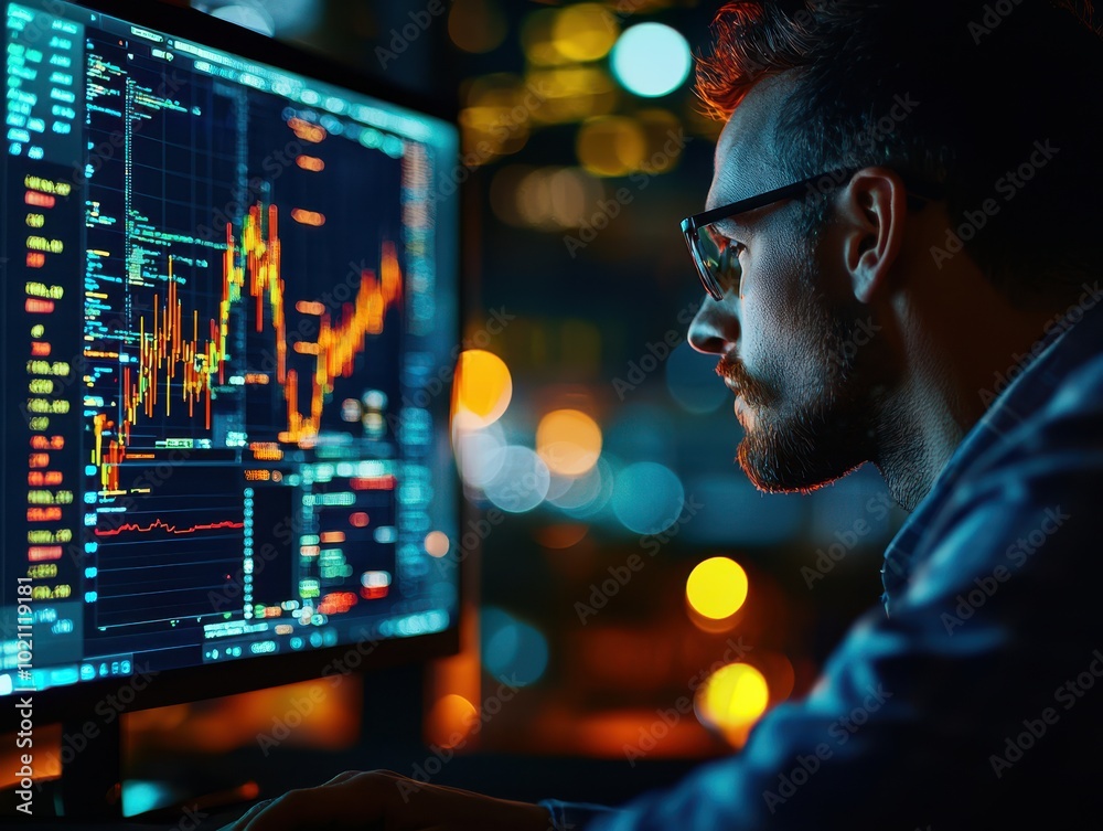 Poster Focused man analyzing data on computer screen.