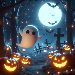 Fototapeta premium A 3D scene of a cute ghost character floating around glowing jack-o'-lanterns in a dark night forest. Halloween, spooky season atmosphere.