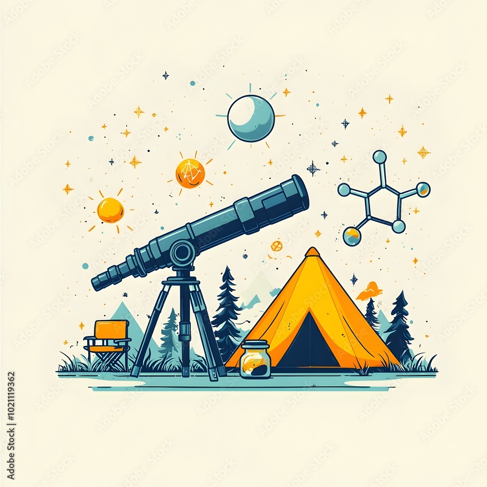 Poster colorful and playful flat design of a science camp scene featuring a telescope microscope camping te