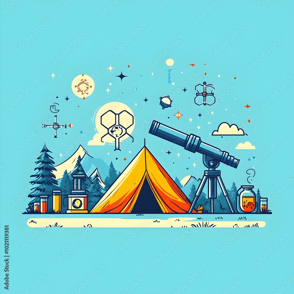 Aufkleber Playful and vibrant flat design of a science camp setting featuring a telescope microscope and a molecular shaped camping tent conveying an educational and outdoorsy feel