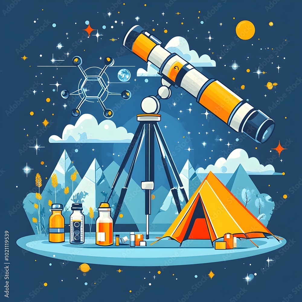 Poster Vibrant and modern graphic design element depicting a science themed camp setting with a telescope microscope and a camping tent in the shape of a molecule
