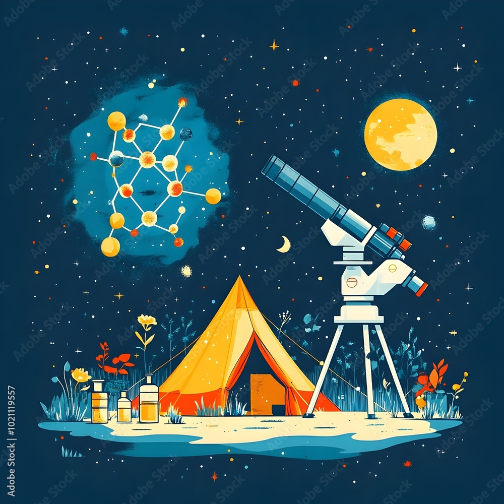 Poster Vibrant and minimalist depicting a science themed camp setting with a telescope microscope and a camping tent in the shape of a molecule