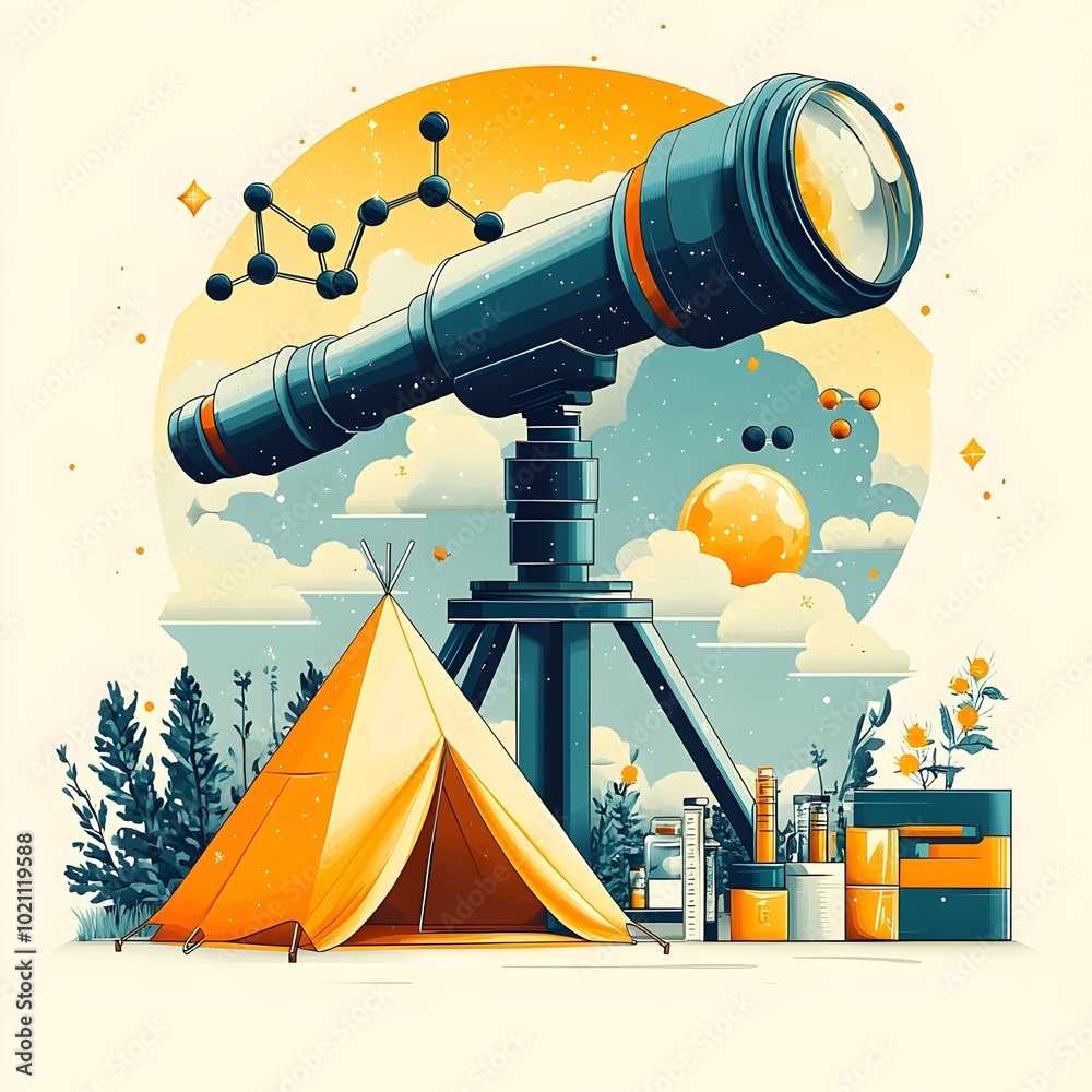 Poster vibrant science camp graphic elements featuring a telescope microscope and a camping tent in the sha