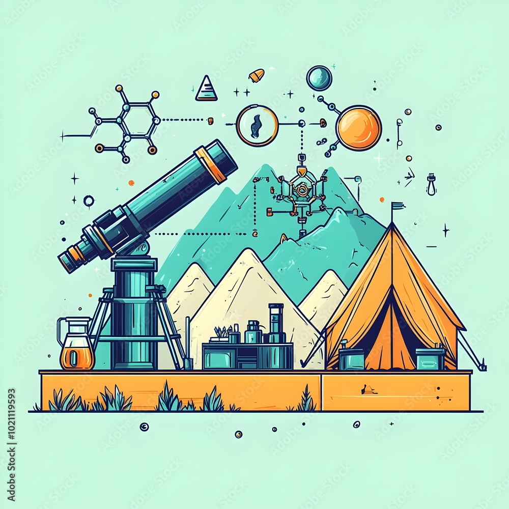Aufkleber Vibrant science camp graphic featuring a telescope microscope and camping tent in the shape of a molecule along with other science themed elements in a modern minimalist design