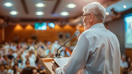 Fototapeta premium Wellness expert shares insights on healthy living at prominent health focused conference