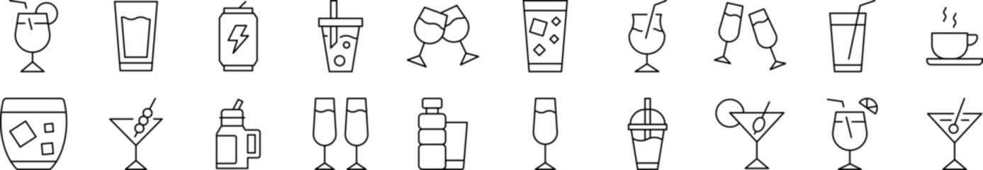 Collection of Icons of Alcoholic Drink, Energy Drink, Soft Drinks Drawn with Thin Line for apps, web sites, banners, infographics and other types of design
