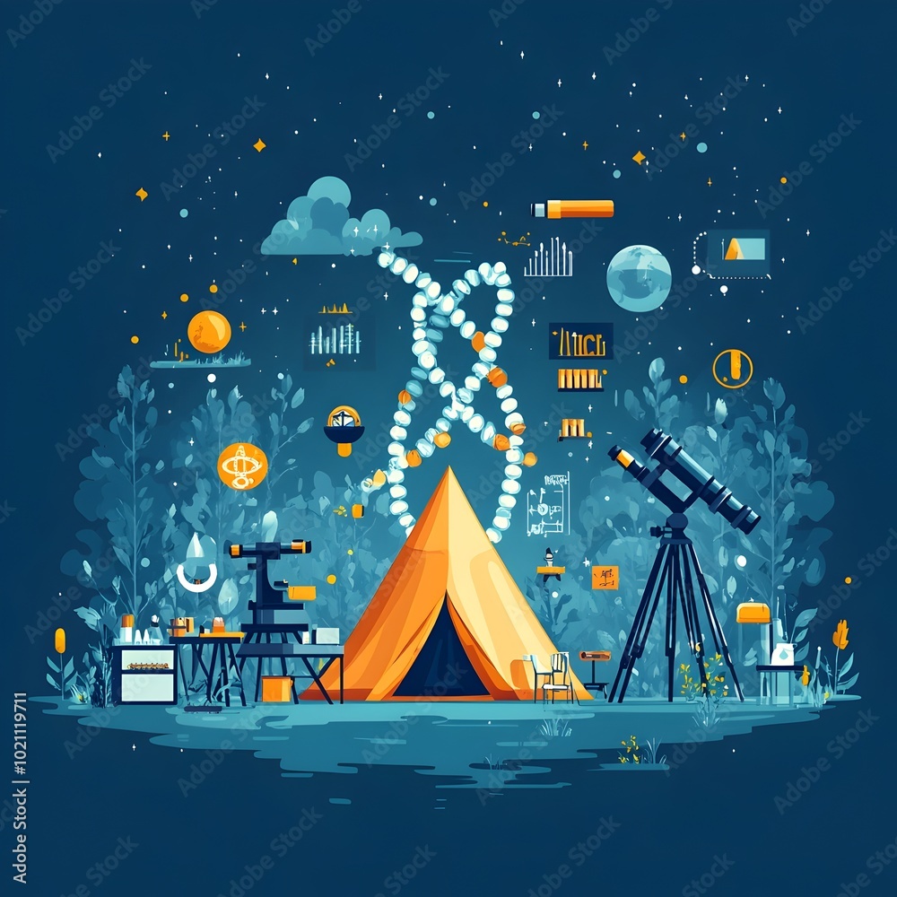 Poster Peaceful Science Camp Setup in Serene Forest Environment with Telescope and Microscope   Flat Design with DNA Shaped Camping Tent and Science Icons Emphasizing and Discovery