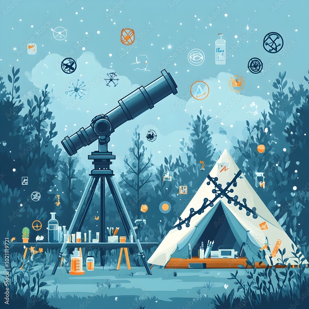 Poster Flat design image depicting a peaceful science camp setup in a forest environment including a telescope microscope and various science icons arranged around a DNA shaped camping tent