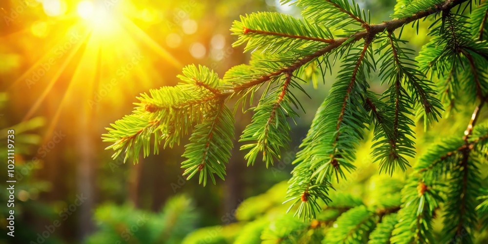 Poster Sunlight filtering through the lush evergreen branches of a pine tree