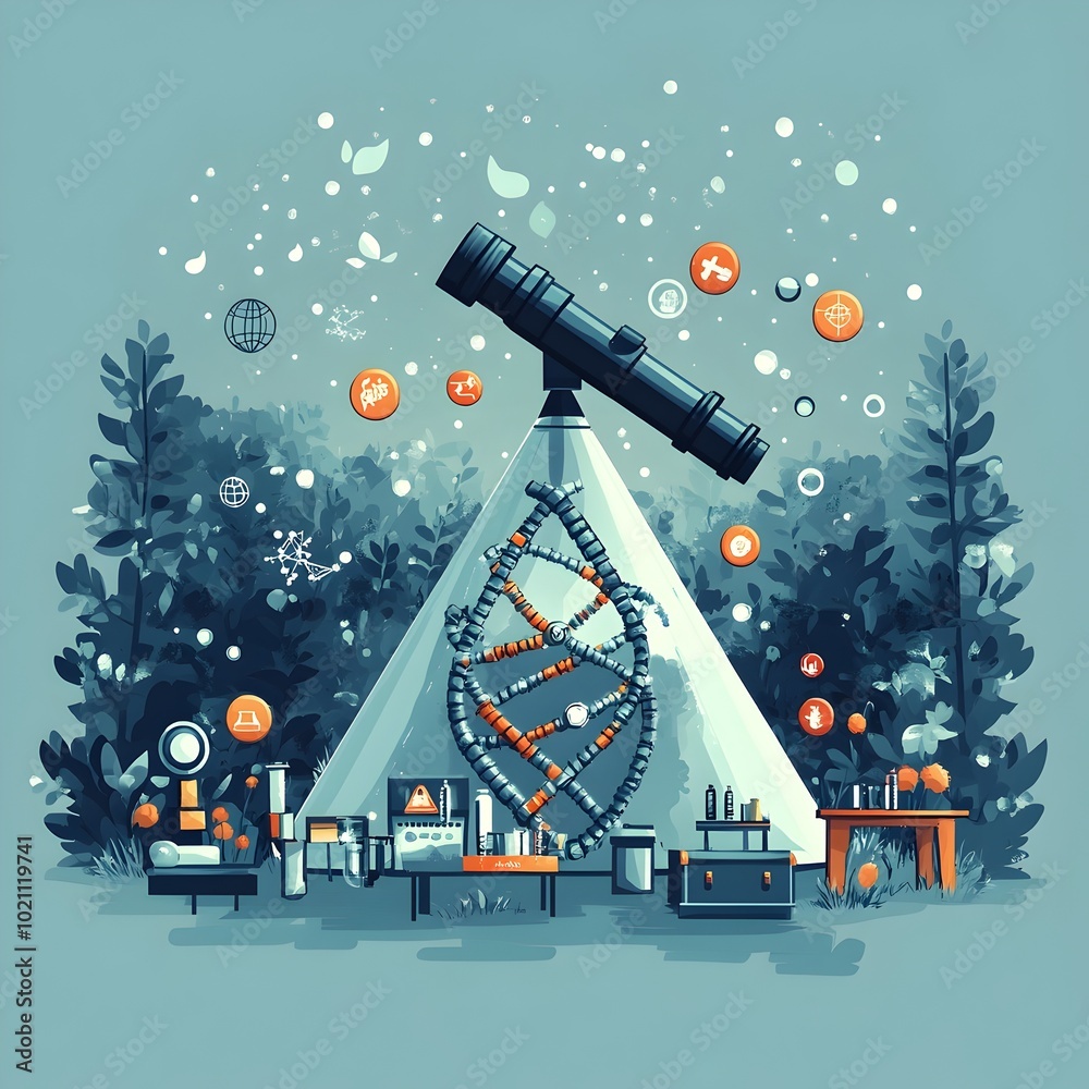 Poster Flat design showcasing a peaceful science camp setup surrounded by a serene forest environment featuring a DNA shaped camping tent telescope microscope and various science themed icons