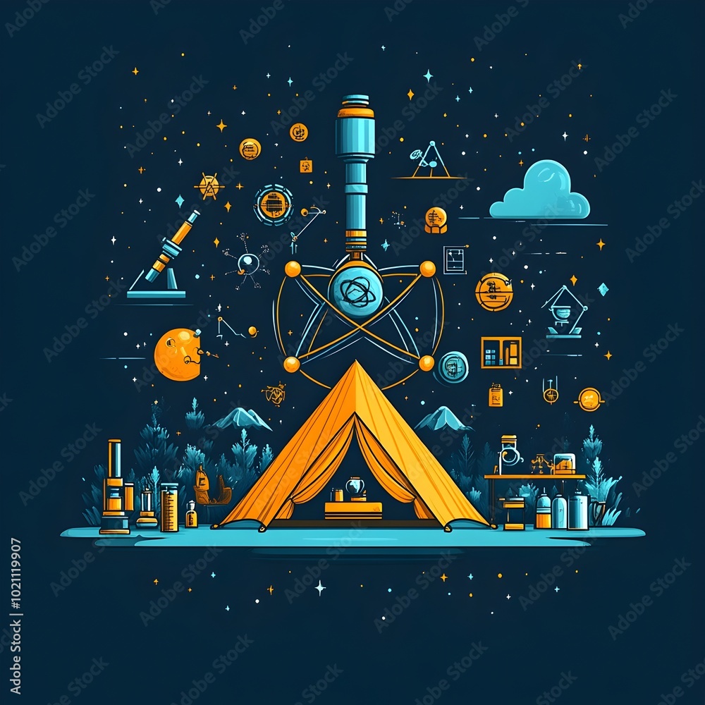 Poster Vibrant flat design graphic depicting a science themed camping experience with a telescope microscope and various science themed icons surrounding a tent in the shape of an atom
