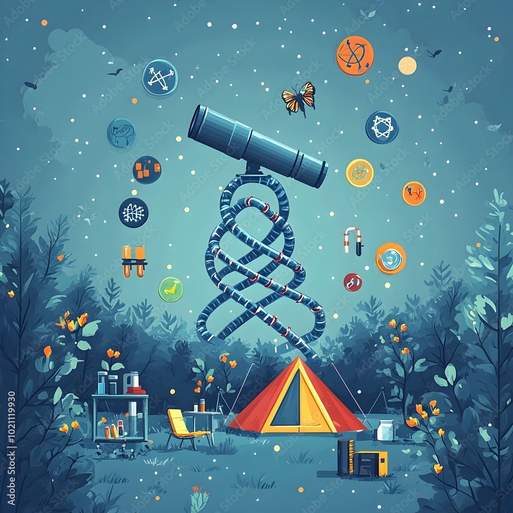 Poster Flat design depicting a science camp setup in a peaceful forest environment featuring a telescope microscope and various science icons arranged around a DNA shaped camping tent