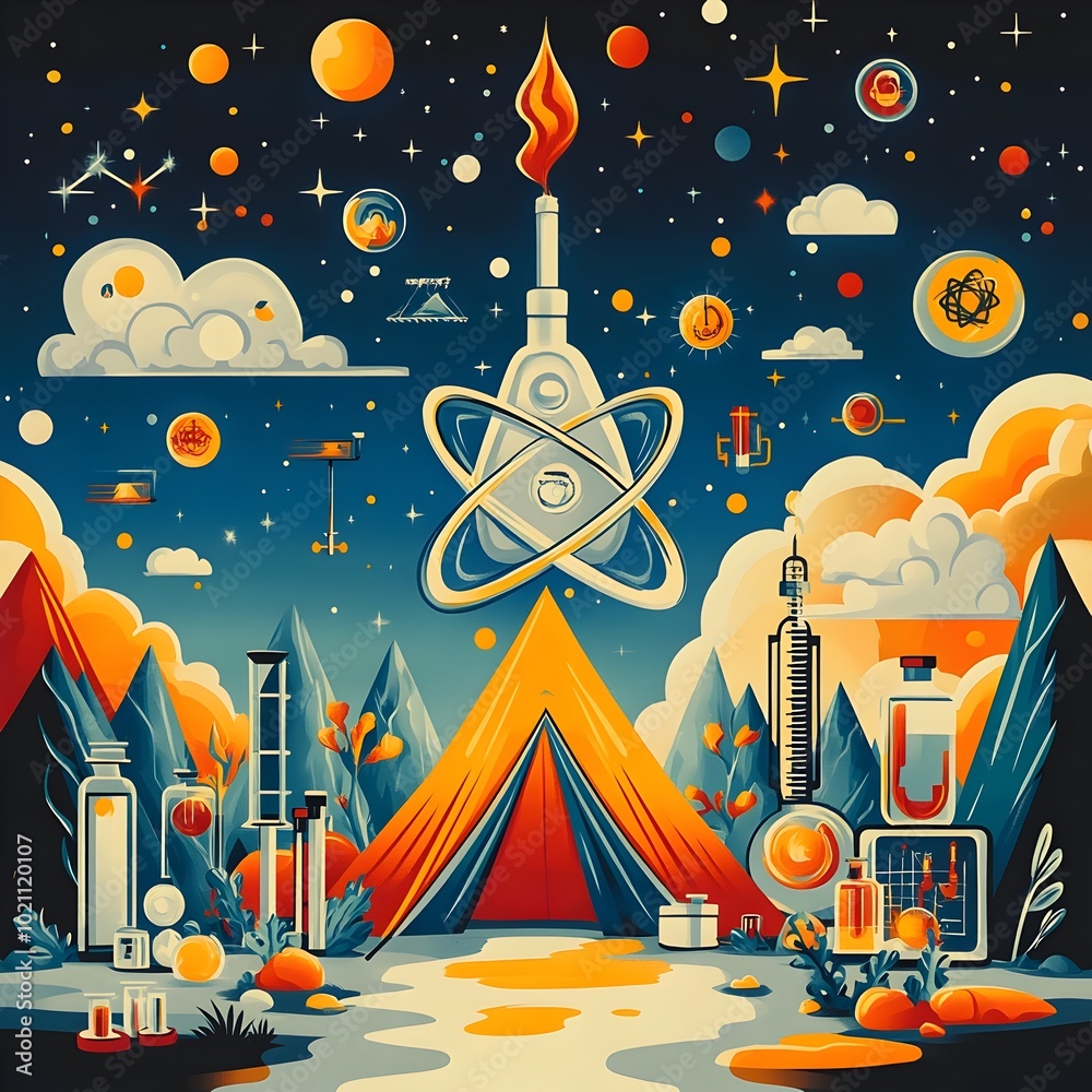 Poster Whimsical flat art piece depicting a science camping adventure containing a tent modeled after an atom accompanied by scientific instruments and icons executed in a playful