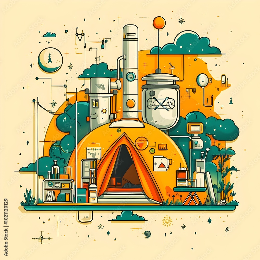Poster Whimsical flat art piece depicting a science camping adventure featuring a tent modeled after an atom and accompanied by scientific instruments and icons  Executed in a playful