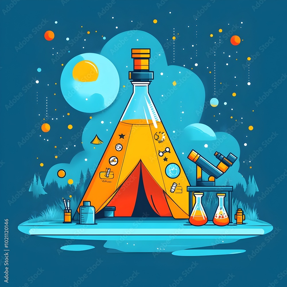 Poster Minimalist flat design composition showcasing a science camp setting with a telescope microscope and science themed graphics alongside a camping tent in the shape of a beaker