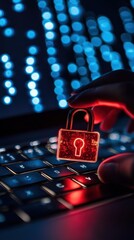 Hand holding red padlock on laptop keyboard