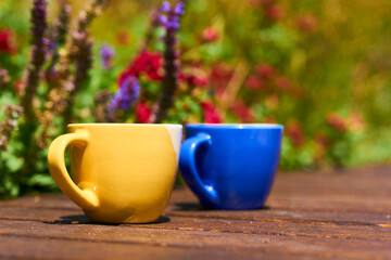 Yellow and blue tea coffee cups and flowers in greenery on a wood surface