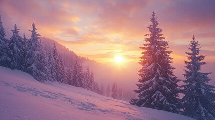 Stunning sunrise over snowy mountains, with golden light illuminating the landscape and pine trees, creating a warm and peaceful atmosphere.