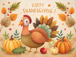 Happy Thanksgiving Day Illustration with Turkey Bird, Pumpkins and Leaves Flat Cartoon Illustration for poster or card