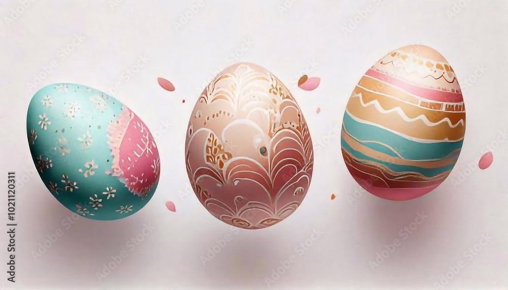 Wall mural three intricately patterned easter eggs in pastel colors float in mid-air against a vibrant white ba