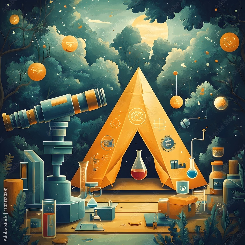 Poster Minimalist flat design showcasing a science camp in a forest setting featuring a telescope microscope and various science themed icons including a camping tent in the shape of a beaker