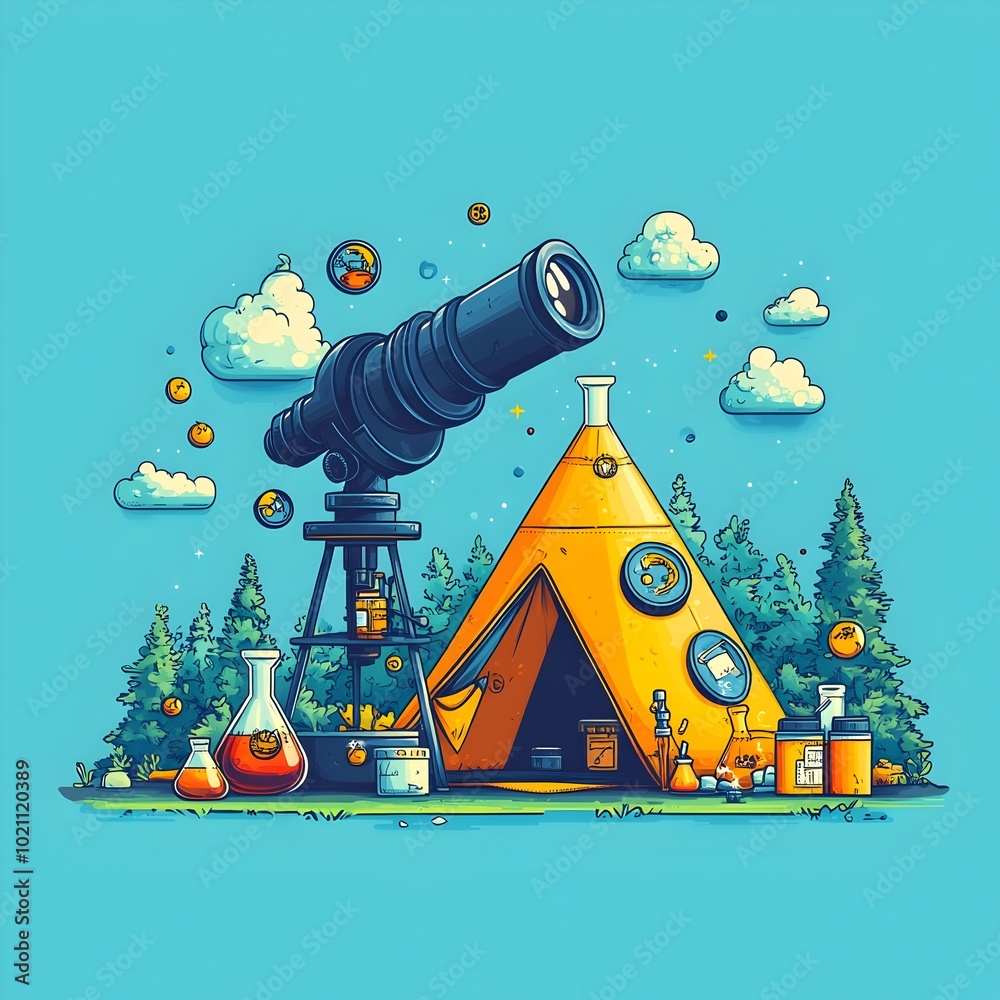 Poster Minimalist flat design depicting a science camp in a forest setting featuring a telescope microscope and science themed icons with a camping tent in the shape of a beaker