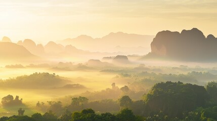 Mystical Morning: Serene Sunrise Over Misty Thai Mountain Range