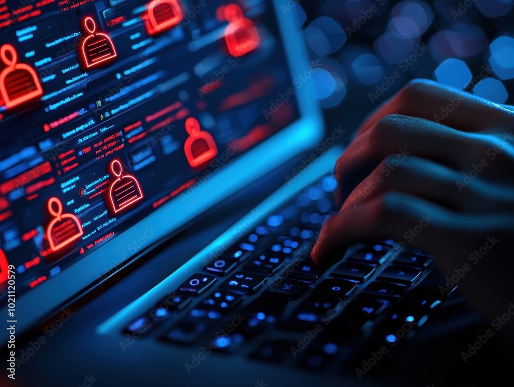 Poster hands typing on laptop, digital screen display.
