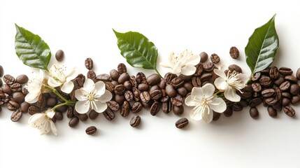 Aromatic Coffee Beans Surrounded by Delicate Floral Accents