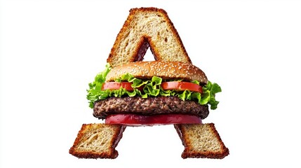 Experience the creativity of food art with the letter A formed from hamburger elements. This mouthwatering design highlights lettuce tomato and a juicy patty all perfectly arranged.