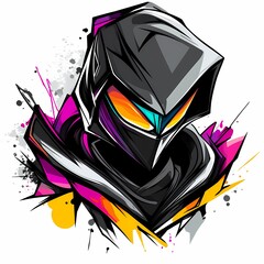 A stylized, colorful illustration of a masked figure with a futuristic design.