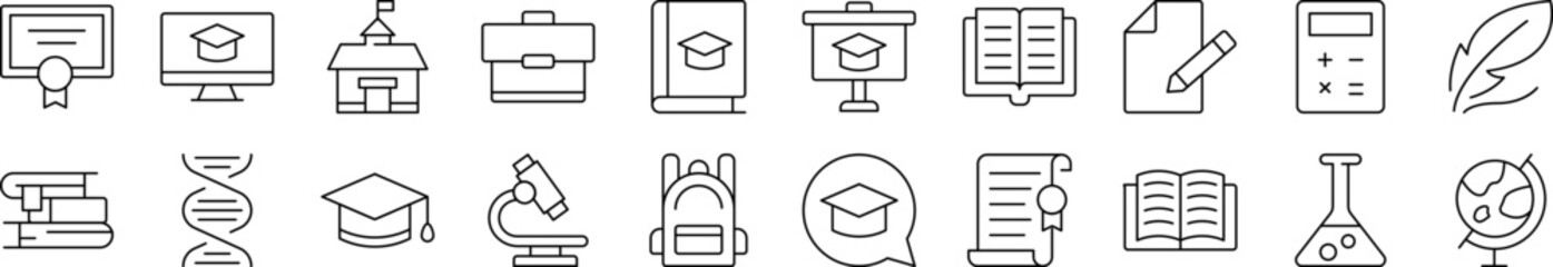 Collection of Line Icons of Briefcase, Microscope, Books Drawn with Thin Line for apps, web sites, banners, infographics and other types of design