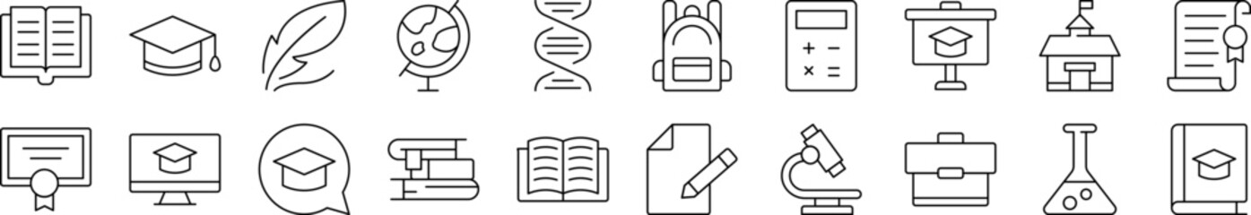 Collection of Outline Symbols of Briefcase, Microscope, Books Drawn with Thin Line for apps, web sites, banners, infographics and other types of design