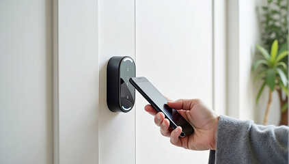 Hand using smartphone for close digital door lock at home or apartment. keycard, PIN number, smartphone, electrical and contactless lifestyle