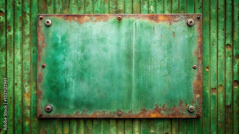 Poster a weathered green metal panel with rusty edges and rivets