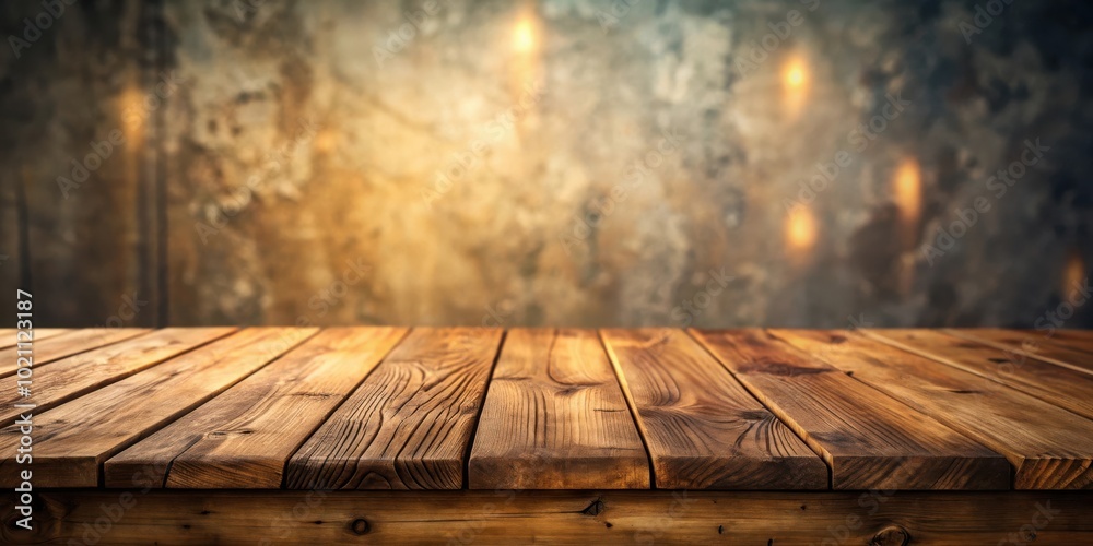 Poster rustic wooden tabletop with a bokeh backdrop of warm, defocused lights