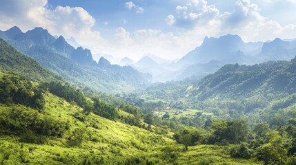 Captivating Panoramic View of a Hidden Valley in Unseen Thailand with Majestic Mountains and Charming Villages - Ultra Detailed Landscape Photography