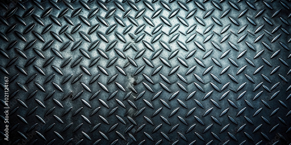 Poster a close up photo of a worn metal diamond plate texture with a light source in the center