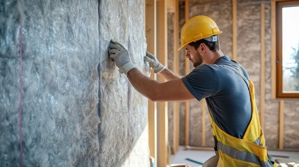 A construction worker installs insulation in a house, ensuring energy efficiency and comfort in the building process.