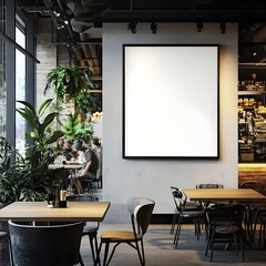 A modern café interior featuring tables, plants, and a blank wall for artwork.