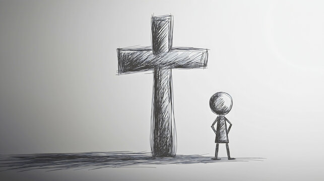 The drawing depicts a man standing in front of the cross with his hands on his hips, looking at the cross. It illustrates the choice of a man in relation to Christianity.