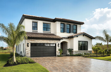  a modern two-story home in an urban setting with stone accents, white stucco walls, and black windows