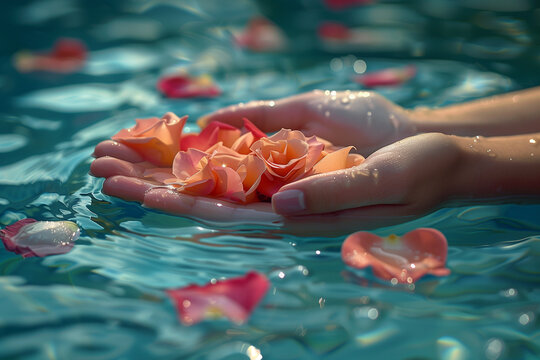 female hands in spa. person holding a rose in the water, close up. woman hand holds a flower. close up petals. blooming. AI Generated
