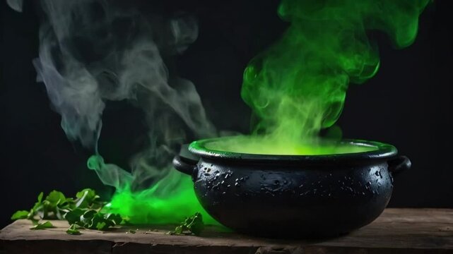 A cauldron filled with green potion is bubbling and emitting smoke on a wooden table A cauldron bubbling with a mysterious potion and green smoke